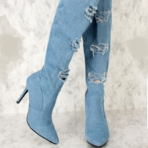 🆕️ DENIM DISTRESSED POINTY TOE THIGH HIGH BOOTS - Picture 3 of 8